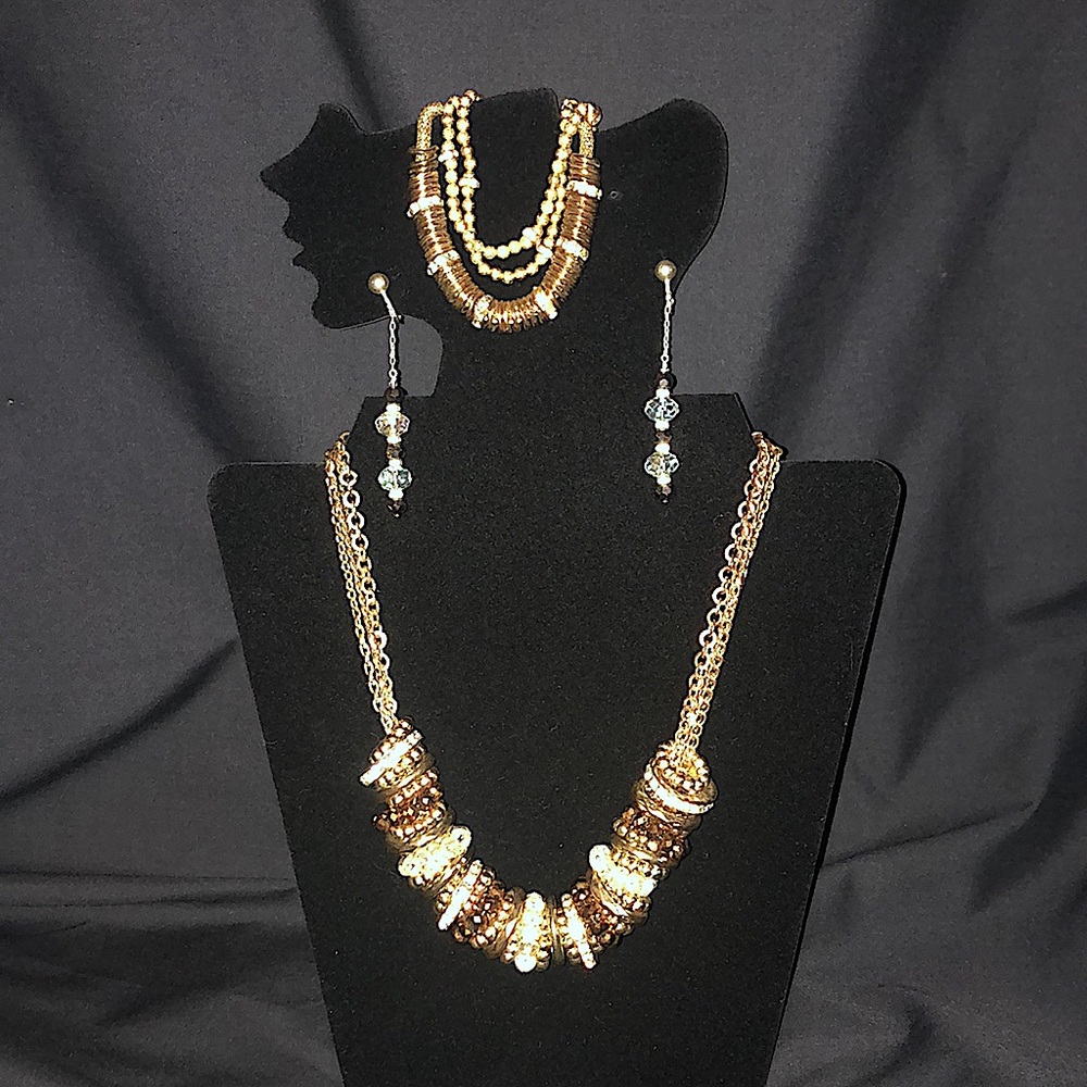INC Gold rhinestone jewelry, set matching necklace bracelet and clip on earrings